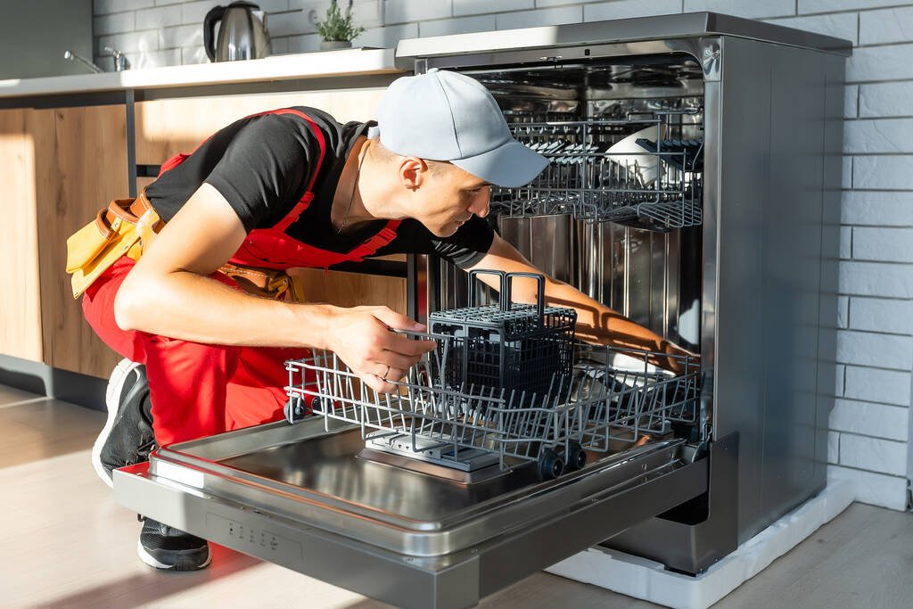 Master installing the dishwasher in a kitchen cabinet.